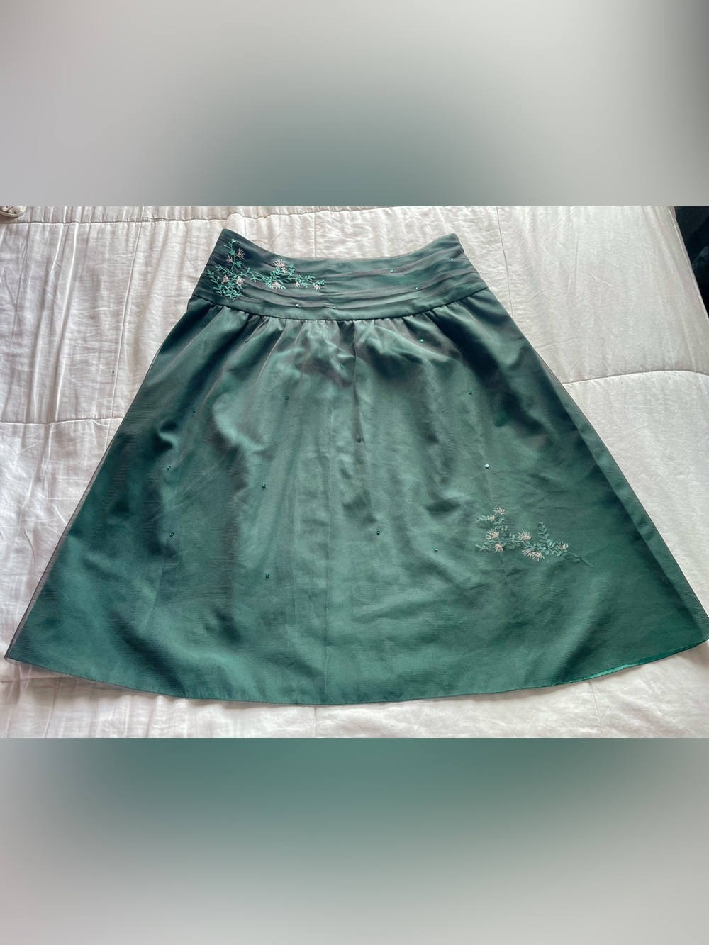 Y2K Forest Green Tulle Overlay Floral Embroidered Midi Skirt 10 Fairycore Fae